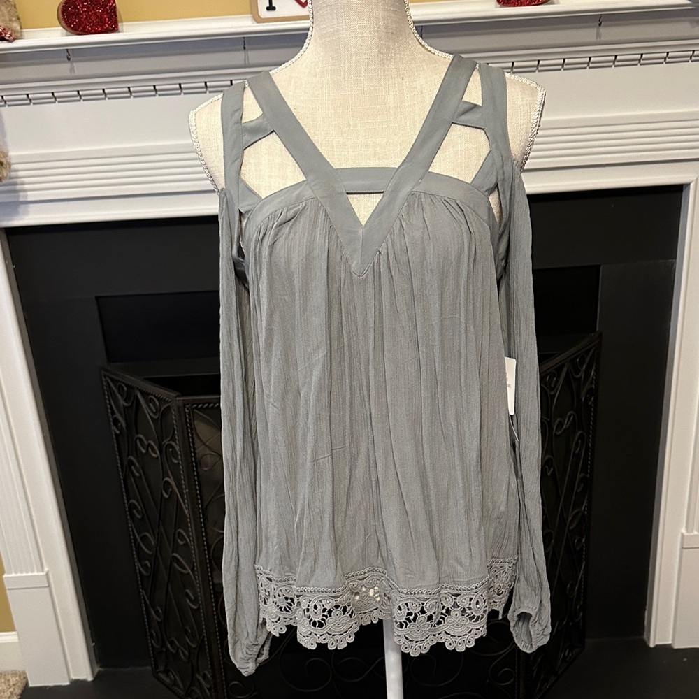 Sage Cold Shoulder Top with Lace Hem
